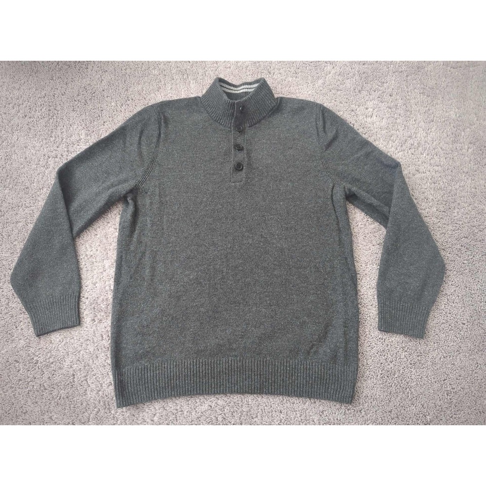GAP Sweater‎ Mens Large Gray Mock Neck Button Henley Pullover Ribbed Trim Knit